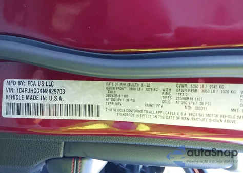 2022 Jeep Grand Cherokee Trailhawk 4X4 z USA, uszkodzony, nr VIN 1C4RJHCG4N8629703